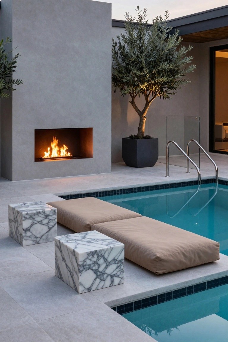 Outdoor pool deck in light gray tiles with beige floor cushions, white marble cube side tables, built-in fire pit in gray wall, potted olive tree, and turquoise pool with ladder.
