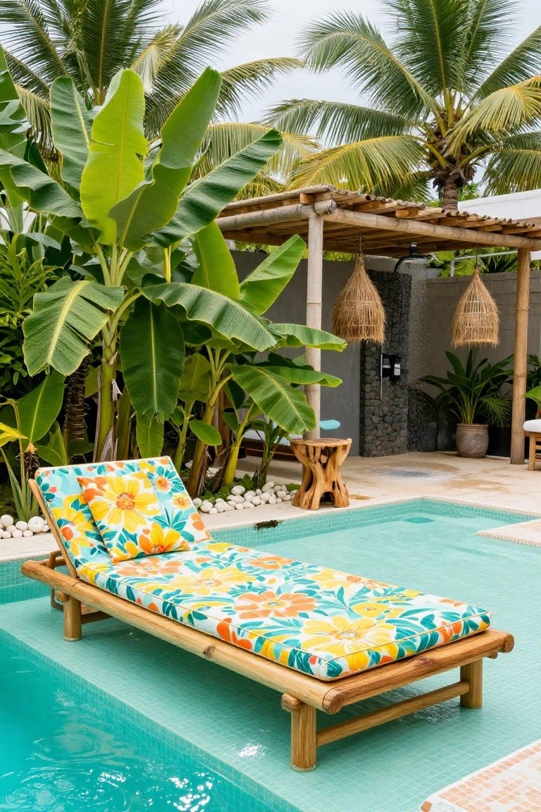Pool deck tiled in pale turquoise mosaic with turquoise pool water, bamboo daybed lounge chair with orange floral cushions, tropical plants, bamboo pergola structure, and outdoor shower nearby.