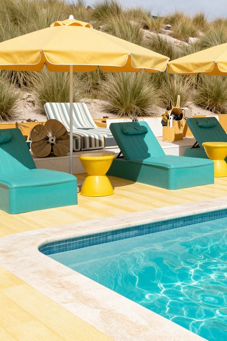 Yellow-painted wooden pool deck with turquoise loungers, yellow stools and umbrellas, woven accents, and a blue-tiled pool surrounded by sand dunes.