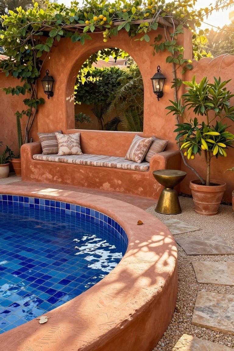 Curved blue mosaic-tiled pool edged in terracotta stucco with built-in bench, cushions, gold stool, potted plants, lanterns, and vine-covered pergola archway on gravel patio.