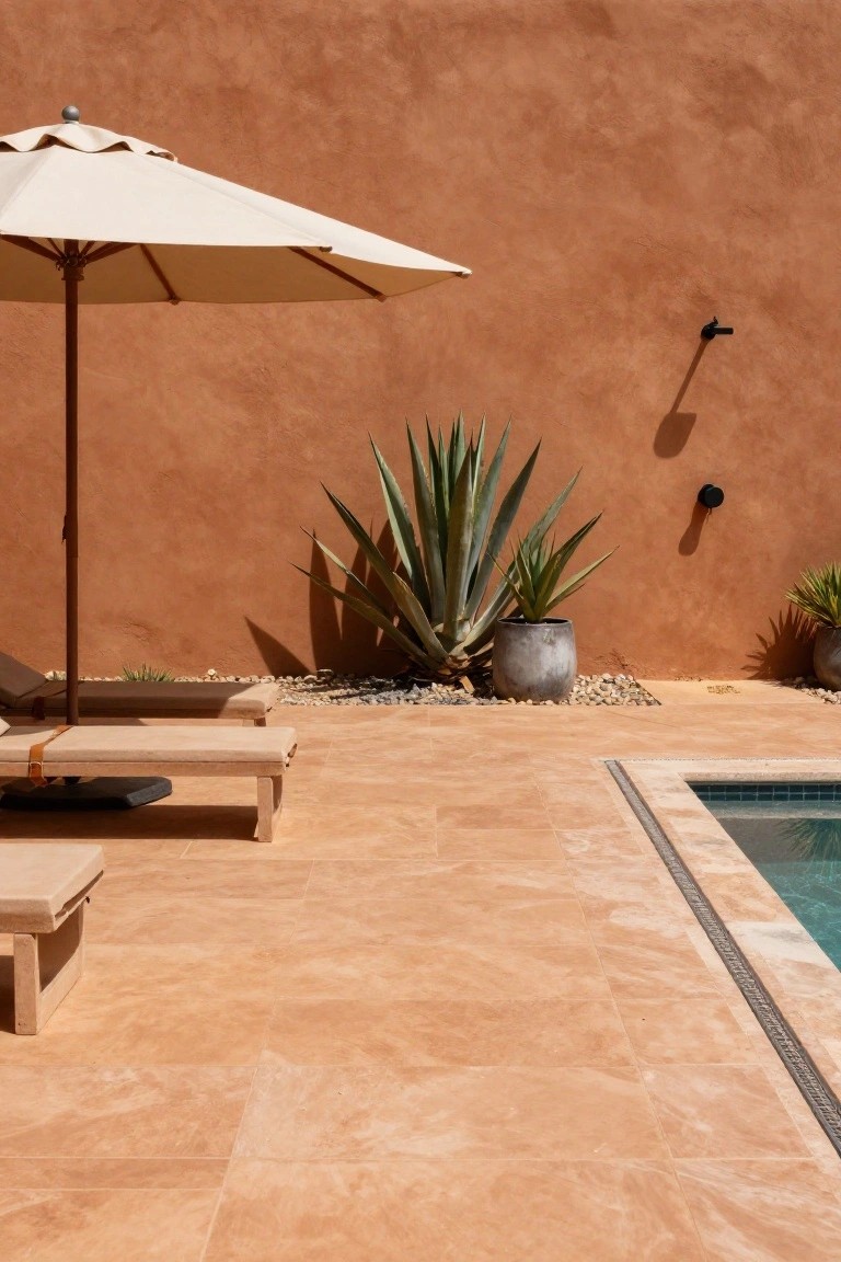 Terracotta tiled pool deck with two beige wooden lounge chairs under a white umbrella, potted agave plants and smaller greenery against a matching terracotta wall, black outdoor shower fixtures, and turquoise pool water.