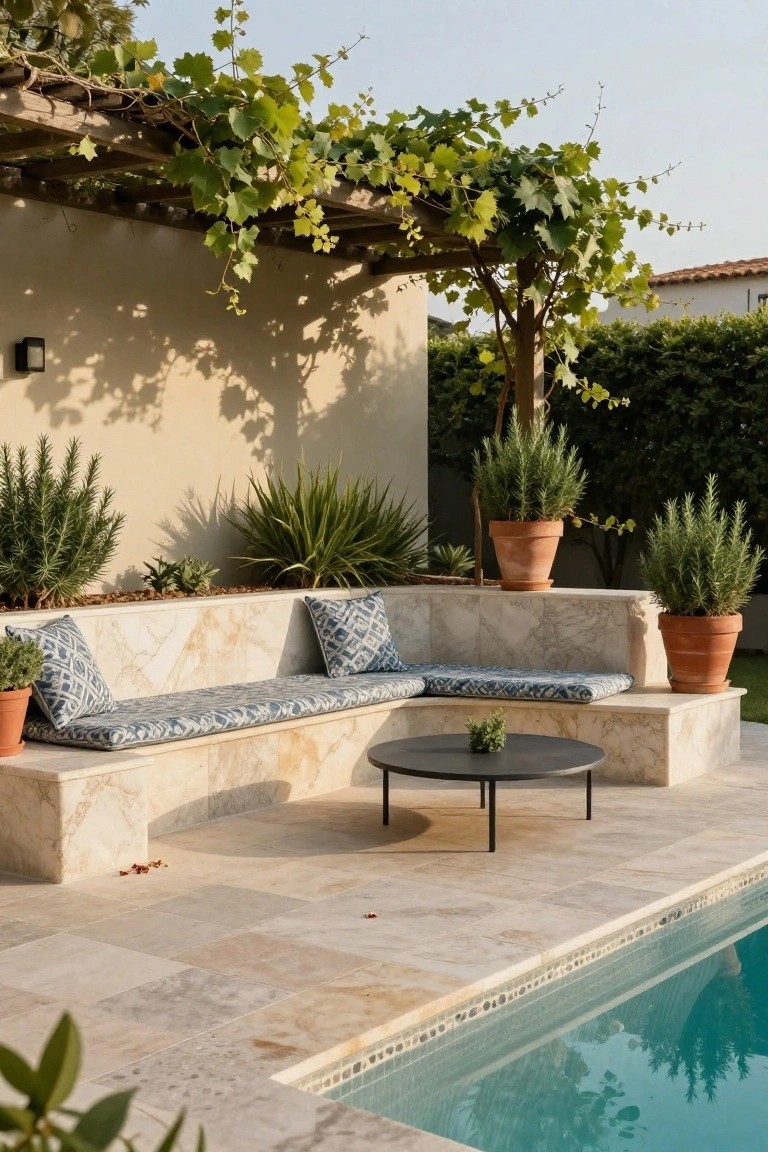 Outdoor pool deck paved in light beige travertine tiles with a built-in cushioned bench, round metal table, potted rosemary plants, grapevine-covered pergola, and turquoise pool water.