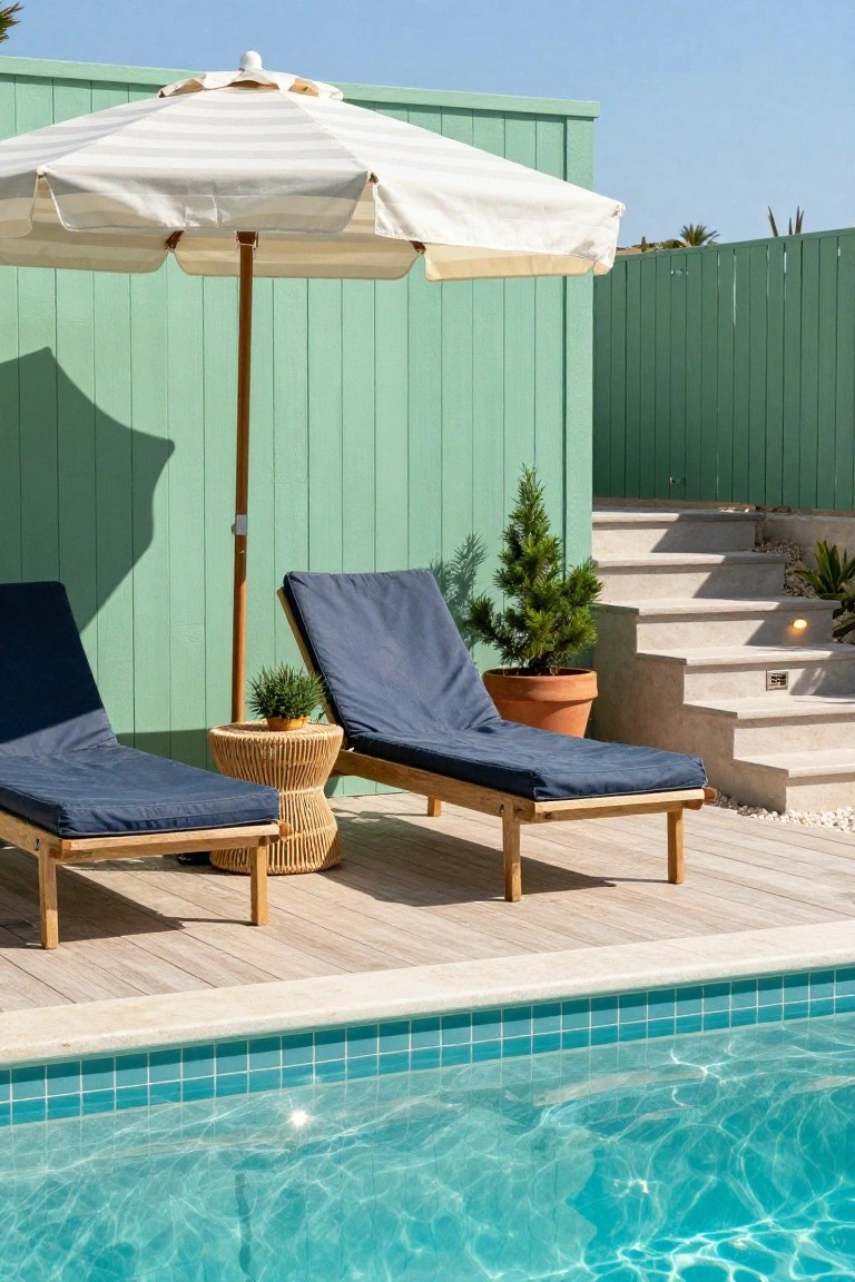 Light wood decking bordering a turquoise tiled pool with two navy lounge chairs, a rattan side table, potted plants, a white striped beach umbrella, and a mint green fence nearby.