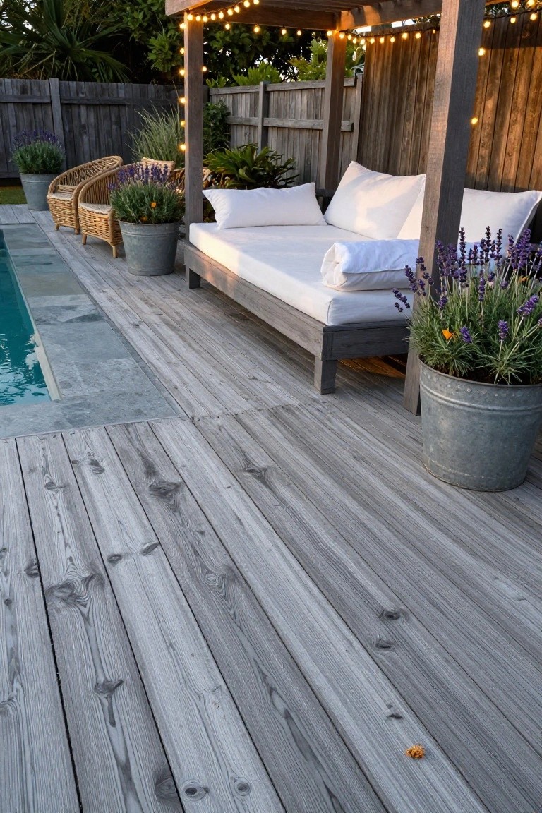 Gray wooden deck planks beside a rectangular pool, with a pergola daybed covered in white cushions, potted lavender plants in metal buckets, and string lights overhead.