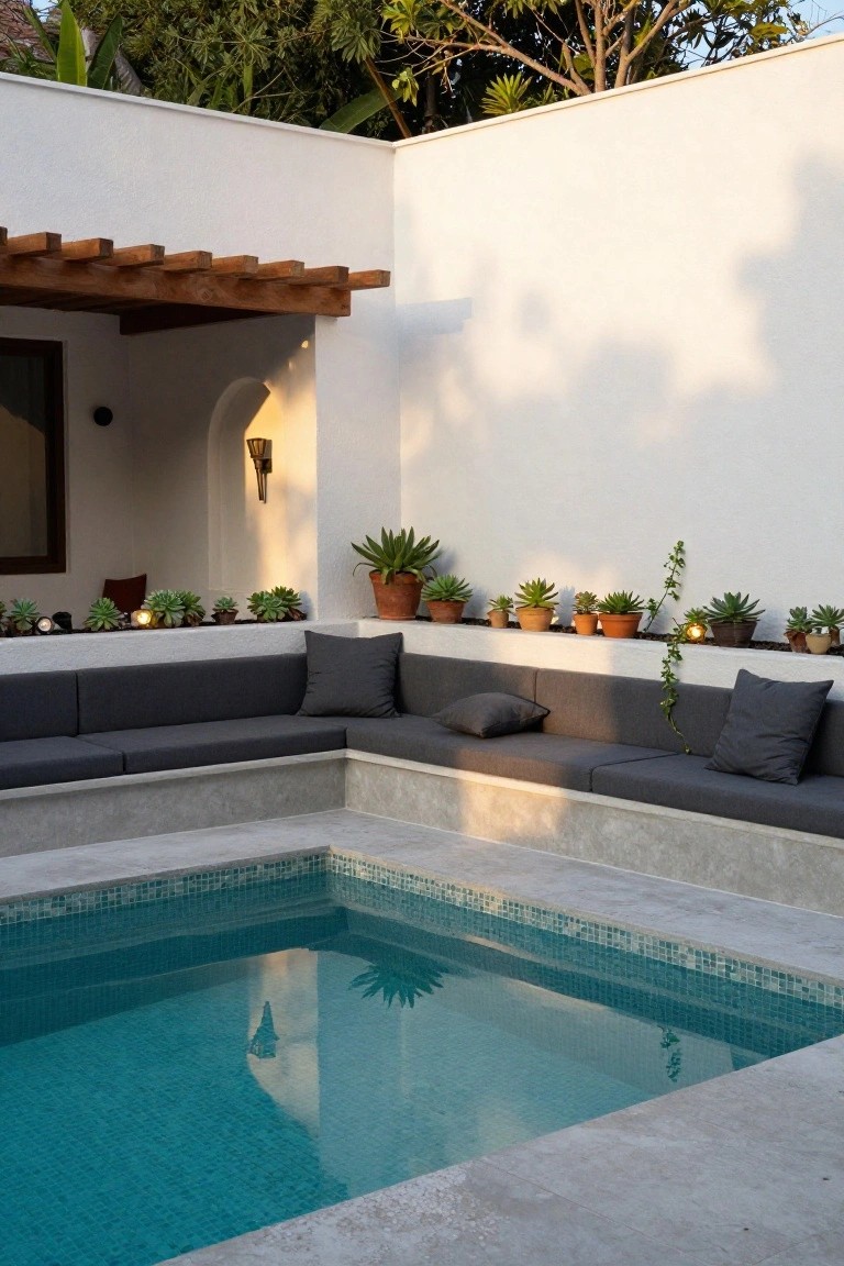 19 Trendy Small Modern Pool Ideas That Feel High End A small turquoise mosaic-tiled plunge pool in a corner, edged by light concrete deck with built-in L-shaped dark gray cushioned benches against white stucco walls, potted succulents, and a wooden pergola overhead.