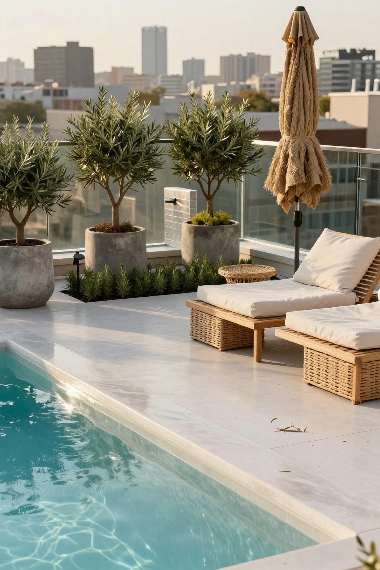 19 Trendy Small Modern Pool Ideas That Feel High End Rooftop terrace with narrow turquoise pool, two wooden loungers with white cushions and rattan bases on white decking, potted olive trees in concrete pots, beige fringed umbrella, and city skyline in background.