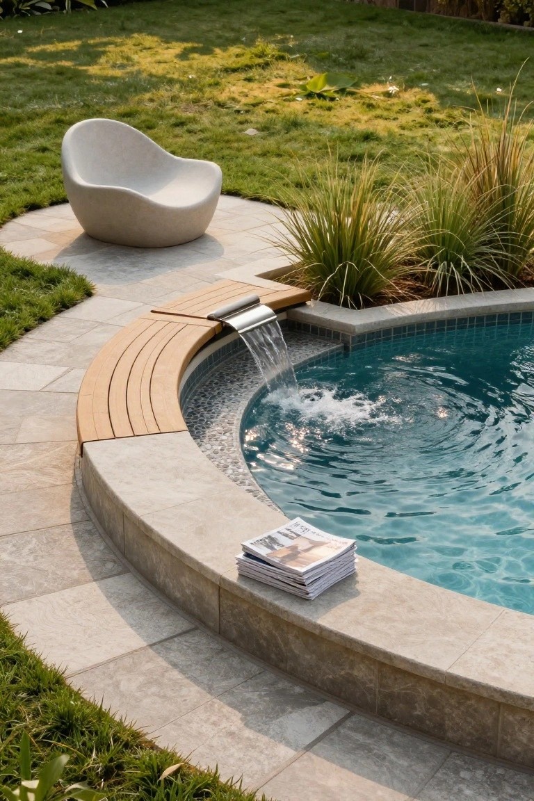 19 Trendy Small Modern Pool Ideas That Feel High End Curved blue swimming pool with pebble and tile edging, built-in curved wooden bench, integrated metal waterfall cascading into the water, surrounded by travertine pavers, ornamental grasses, and a white pod chair on grass.