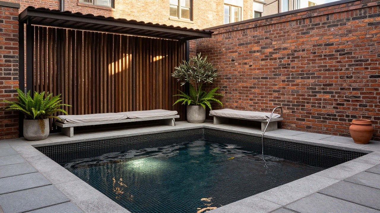 A small rectangular plunge pool lined with black mosaic tiles and a curved metal water spout, next to cushioned bench seating under a slatted wooden screen in a paved outdoor area with brick walls, potted plants, and terracotta pots.