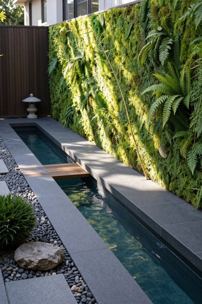 19 Trendy Small Modern Pool Ideas That Feel High End Narrow rectangular pool with teal water crossed by a short wooden bridge, edged in dark stone slabs, surrounded by pebbles, rocks, grasses, a stone lantern, bamboo stake, and lush green mossy fern wall in an outdoor courtyard.