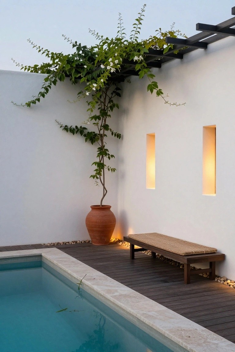 19 Trendy Small Modern Pool Ideas That Feel High End White stucco wall with climbing vines on black pergola and illuminated niches, terracotta pot with plant, low wooden bench with rattan cushion on dark deck beside turquoise pool edged in light stone, pebbles, and underwater plants.