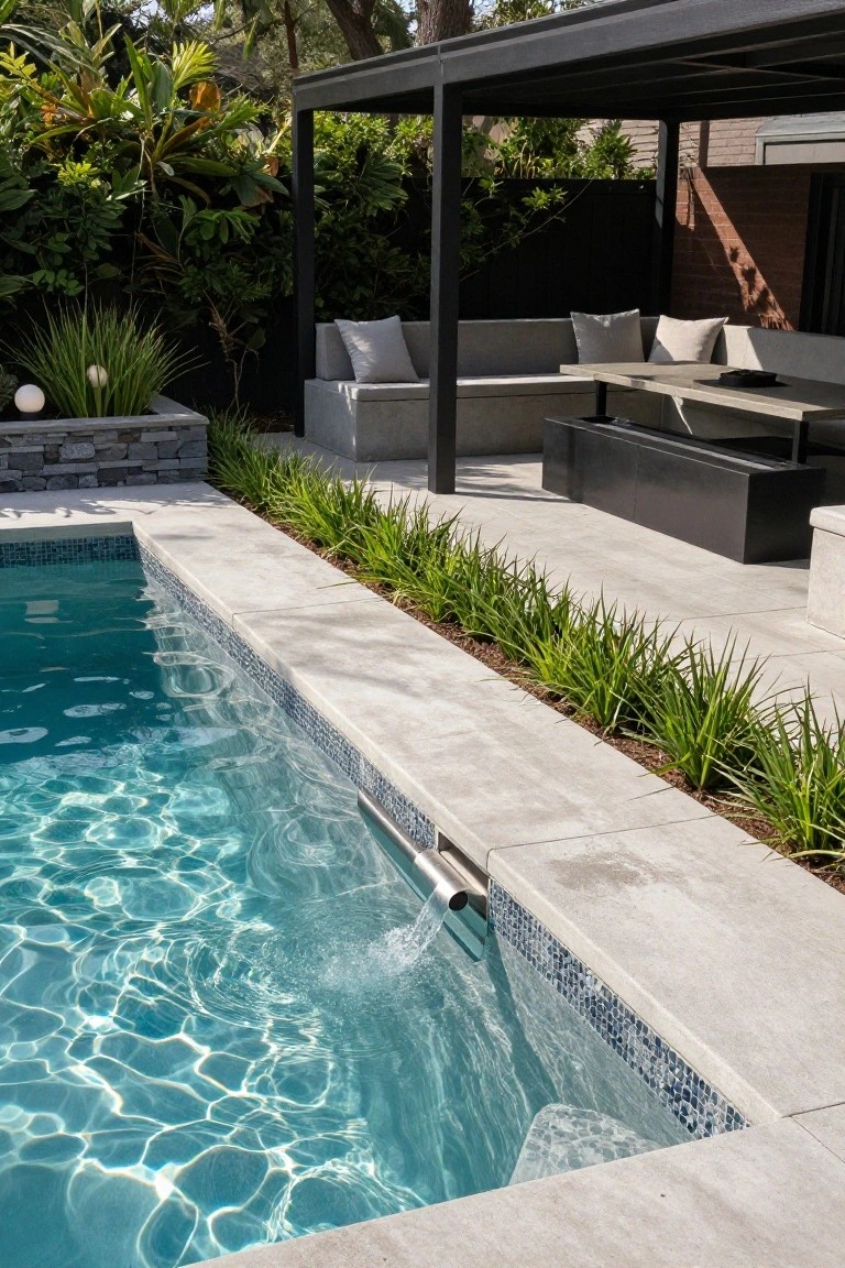 19 Trendy Small Modern Pool Ideas That Feel High End Small rectangular pool with turquoise water and light gray porcelain coping featuring a metal water cascade, adjacent L-shaped concrete bench seating under black metal pergola on gray pavers with green plants alongside.