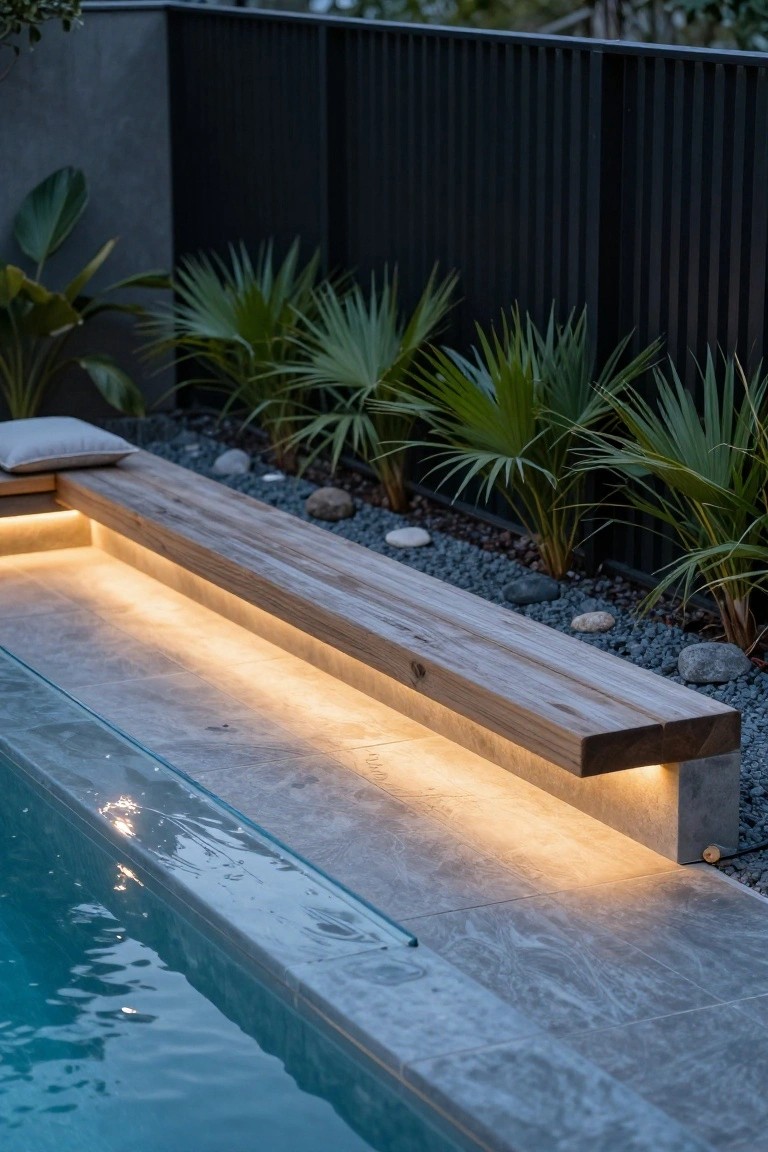19 Trendy Small Modern Pool Ideas That Feel High End Wooden bench with integrated LED strip lighting along the edge of a rectangular pool with gray tiles, surrounded by black pebbles, tropical plants, and a tall black fence.