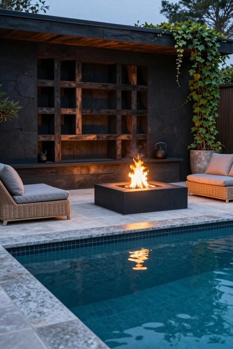 19 Trendy Small Modern Pool Ideas That Feel High End Modern outdoor patio with fire pit, pool, and built-in wooden shelves.