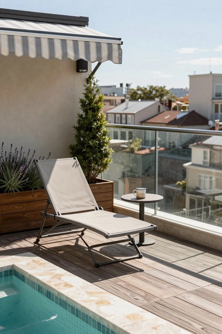 19 Trendy Small Modern Pool Ideas That Feel High End Beige folding lounge chair next to a small turquoise-tiled pool on a wooden deck rooftop terrace, with potted lavender and conifer plants, a small round table holding a mug, striped awning overhead, and glass railing overlooking city buildings.