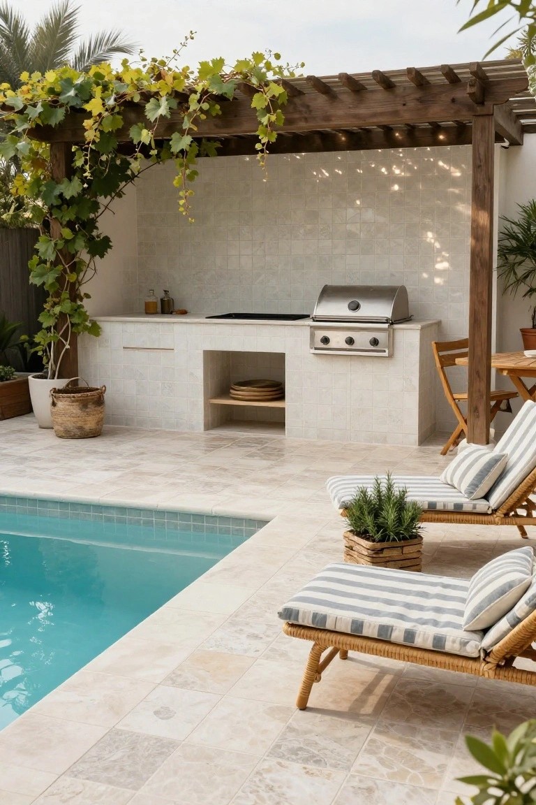 19 Trendy Small Modern Pool Ideas That Feel High End Outdoor kitchen with white tiled counters and built-in stainless steel grill under wooden pergola draped in green vines, positioned next to turquoise pool edge on light travertine-style pavers, with lounge chairs and small table nearby.