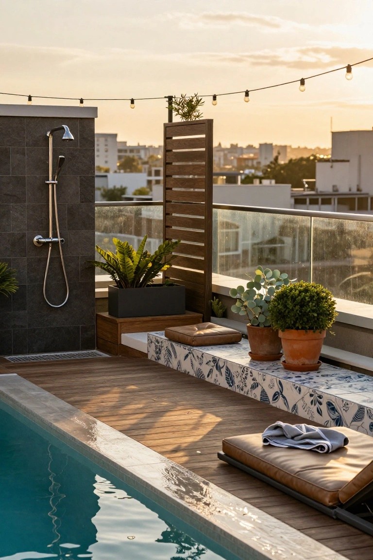 19 Trendy Small Modern Pool Ideas That Feel High End Rooftop wooden deck with small rectangular pool, adjacent black-tiled outdoor shower, potted plants, wooden bench with tiles, lounger chair with towel, glass railing, and city view at sunset.