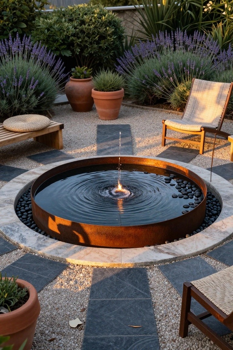 19 Trendy Small Modern Pool Ideas That Feel High End Circular corten steel fountain basin filled with water over black pebbles and a central water jet, set in a gravel and slate patio with lavender plants, potted greenery, wooden chairs, and a bench.