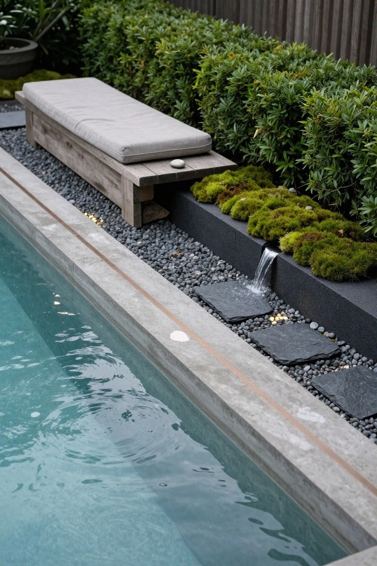 19 Trendy Small Modern Pool Ideas That Feel High End Close-up view of a rectangular pool edge with black pebbles, green moss, dark slate pavers, a thin waterfall cascading into turquoise pool water, a wooden bench with beige cushion above, and hedges in the background.