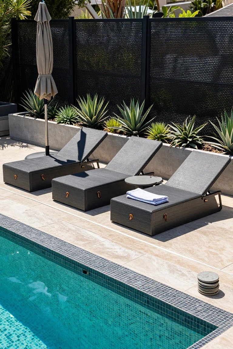 19 Trendy Small Modern Pool Ideas That Feel High End Three dark grey adjustable sun loungers with ottomans positioned along the edge of a narrow turquoise-tiled pool, flanked by black slatted fencing, potted agave plants, a beige umbrella, and beige stone pavers.