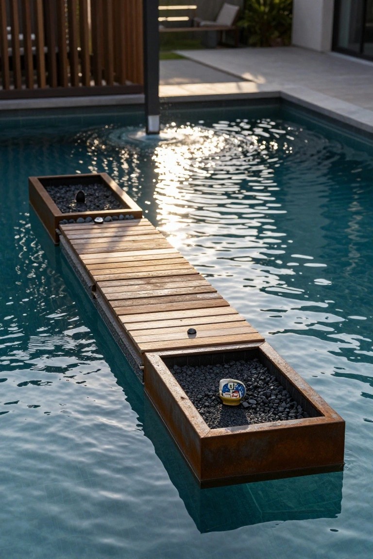 19 Trendy Small Modern Pool Ideas That Feel High End Narrow turquoise pool with a central floating wooden plank walkway and corten steel planters filled with black pebbles and fire rings at each end, in a modern outdoor patio setting.