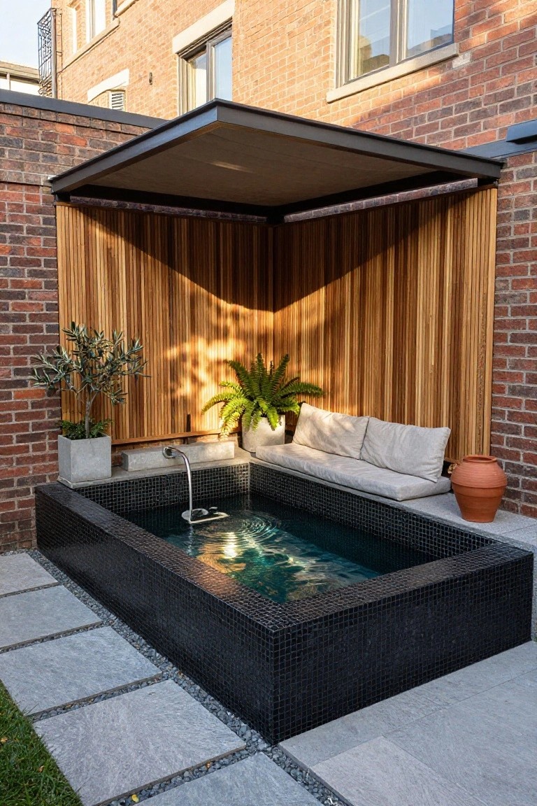 19 Trendy Small Modern Pool Ideas That Feel High End A small rectangular plunge pool lined with black mosaic tiles and a curved metal water spout, next to cushioned bench seating under a slatted wooden screen in a paved outdoor area with brick walls, potted plants, and terracotta pots.