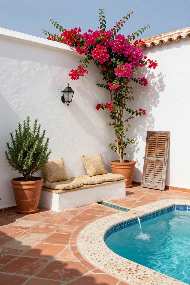 19 Trendy Small Modern Pool Ideas That Feel High End White stucco corner walls covered in pink bougainvillea vines, potted rosemary bush and large bougainvillea plant, beige cushioned bench on low white base, weathered wooden shutters leaning nearby, and small curved turquoise pool with central water fountain on terracotta tiled patio.
