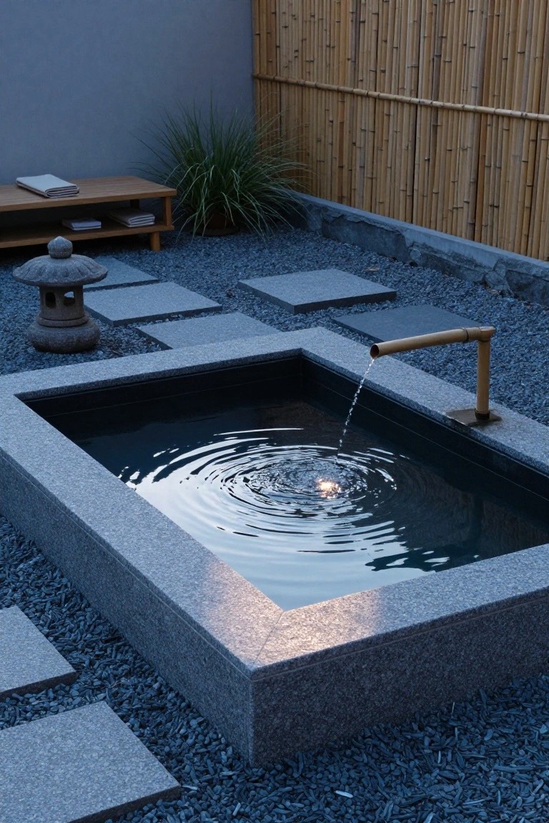 19 Trendy Small Modern Pool Ideas That Feel High End Small rectangular granite pool with water flowing from a horizontal bamboo spout, surrounded by gravel ground cover, stone pavers, a stone lantern, potted grass plant, wooden bench with folded towels, and bamboo fence in a compact outdoor garden space.