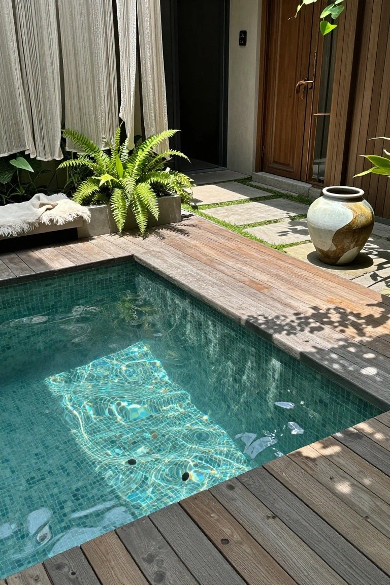19 Trendy Small Modern Pool Ideas That Feel High End Close-up corner view of a small turquoise mosaic-tiled pool edged with weathered wooden decking, flanked by potted ferns, a large ceramic vase, sheer curtains, and a wooden door.