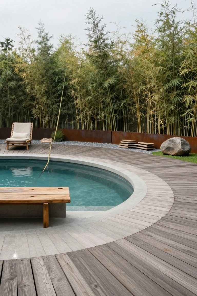 Modern circular pool on wooden deck surrounded by bamboo forest.