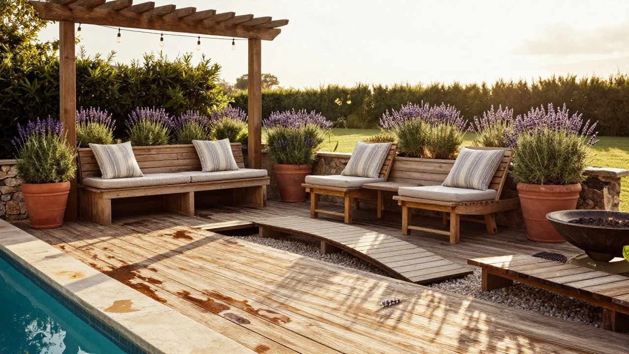 Wooden deck beside a small turquoise pool with a built-in cushioned bench, potted lavender and rosemary plants, pergola with string lights overhead, fire pit, and lounge chair nearby.
