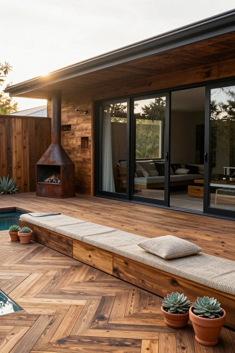 Wooden pool deck laid in a herringbone pattern with a built-in cushioned bench, potted succulents nearby, rusty metal fire pit against a wooden wall, and black sliding glass doors on a house exterior.
