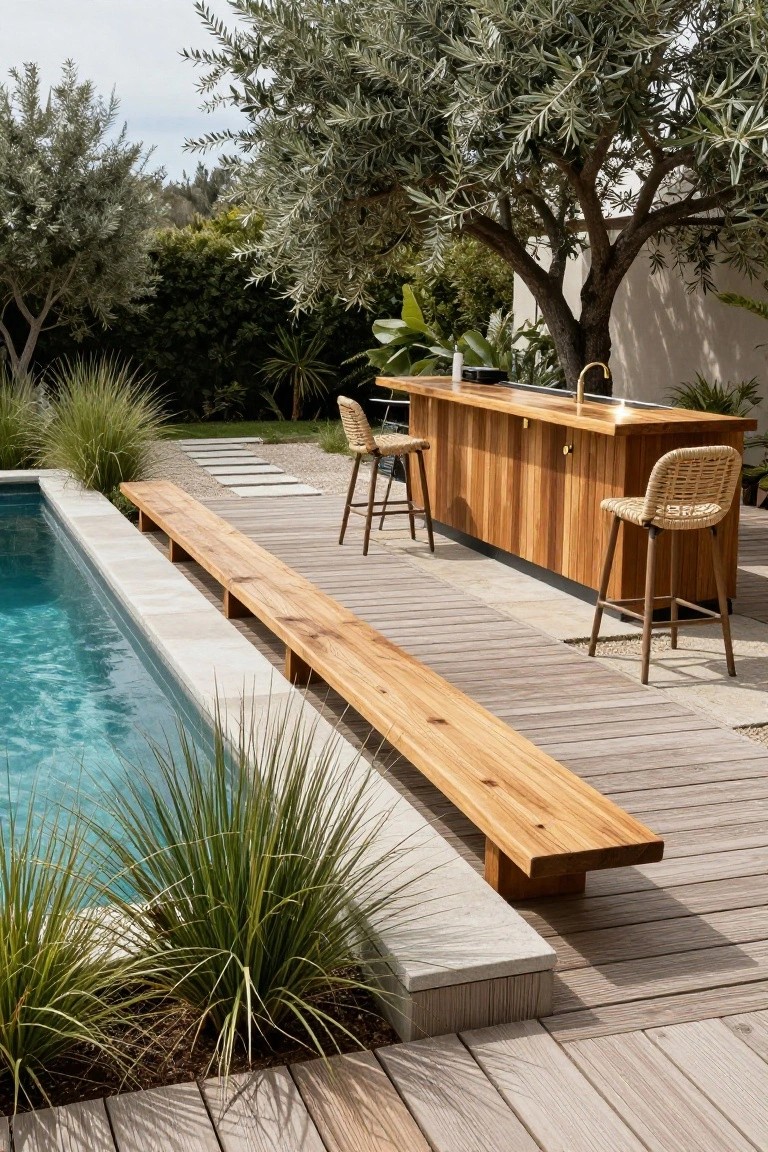 Long rectangular wooden bench along the edge of a rectangular pool, with a wooden bar counter and two rattan barstools nearby on a wooden deck surrounded by grasses and olive trees.