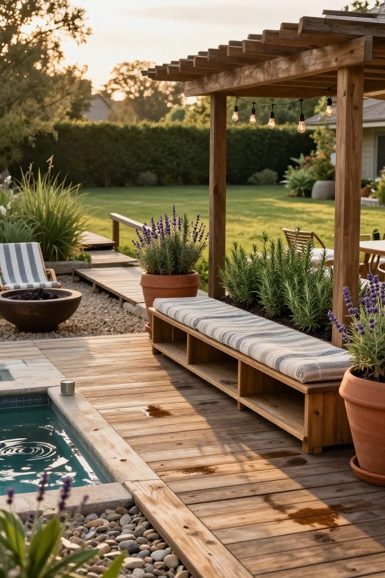 Wooden deck beside a small turquoise pool with a built-in cushioned bench, potted lavender and rosemary plants, pergola with string lights overhead, fire pit, and lounge chair nearby.