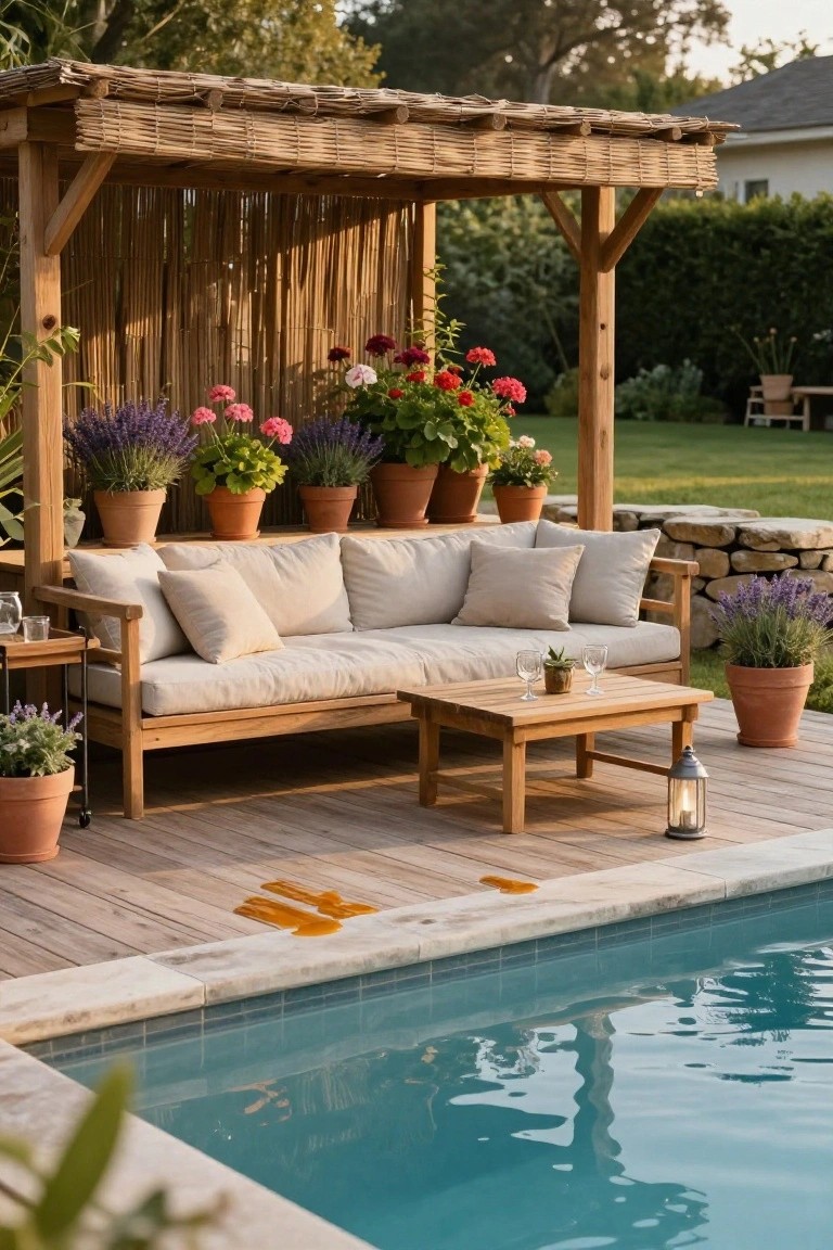 Wooden pergola with reed-thatched roof and bamboo screens over a beige cushioned sofa and wooden coffee table on a deck next to an in-ground pool, with potted flowers and lavender around the seating area.