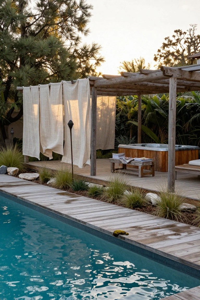 Turquoise pool bordered by weathered wooden deck planks, with a rustic pergola draped in white linens, wooden hot tub, bench with magazines, and surrounding grasses and trees.