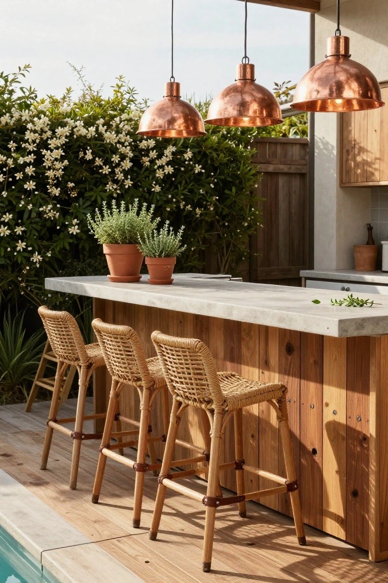 Outdoor bar with concrete countertop on wooden base and vertical plank front, four rattan bar stools, two terracotta plant pots on counter, copper pendant lights hanging above, greenery and wooden fence in background, pool deck and water visible at edge.