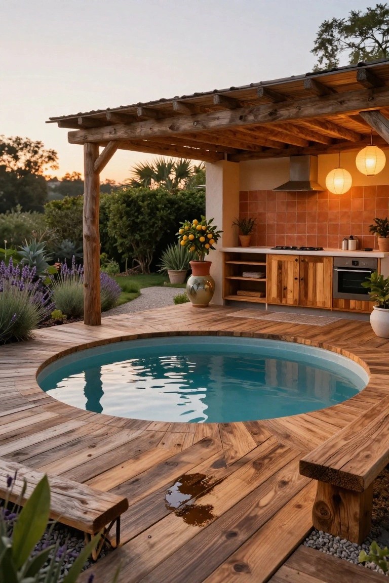 Round turquoise pool integrated into a wooden deck with rustic planks, adjacent outdoor kitchen under a pergola with terracotta tiles, potted plants, and surrounding garden landscaping at dusk.