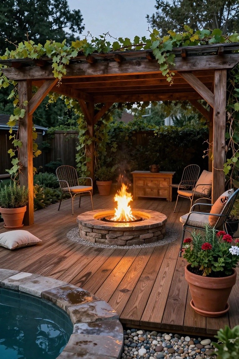 Wood deck beside a curved pool edge with a circular stone fire pit surrounded by wicker chairs under a vine-covered wooden pergola, potted plants nearby, and fire glowing in the evening light.