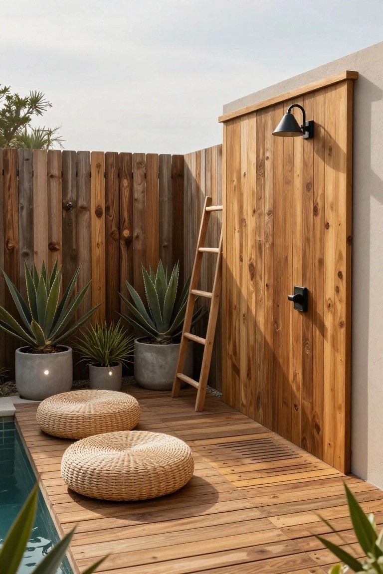 Wooden deck extending to the edge of a turquoise pool, with two woven poufs for seating, potted agave plants, a wooden outdoor shower enclosure with ladder, and surrounding wooden fence.