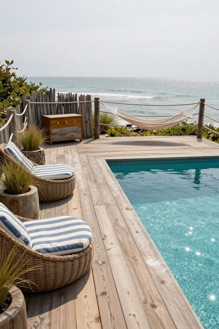 Wooden deck surrounding a turquoise rectangular pool with blue-and-white striped wicker loungers, potted grasses, a hammock, and distant ocean view.