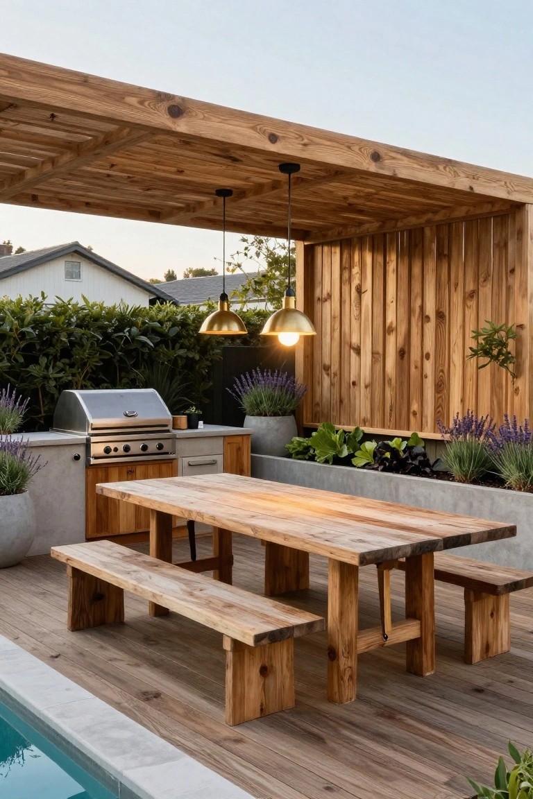 Pool deck under wooden pergola with hanging gold pendant lights, built-in stainless steel BBQ on concrete counter with wood cabinets, rustic wood dining table and benches, potted plants, and pool edge.