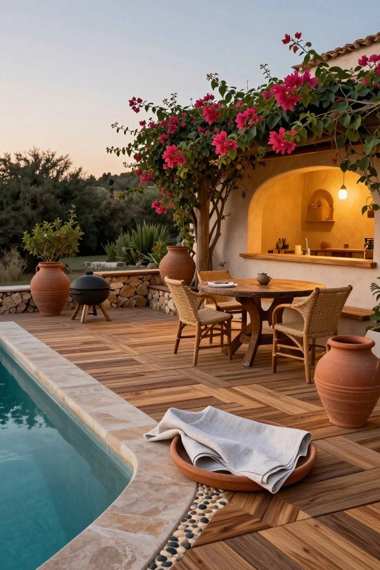 Pool deck of warm-toned wood planks in chevron pattern edged with stone and pebbles, featuring rattan chairs at a wood table, terracotta pots, grill, outdoor kitchen niche under bougainvillea arch, and turquoise pool water.