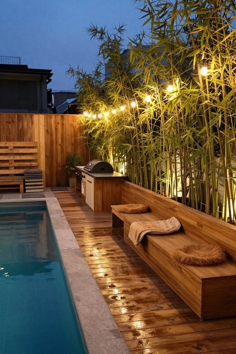 Wooden pool deck at dusk with built-in bench seating along the edge, barbecue counter, pallet lounge nearby, bamboo privacy screen, and string lights.