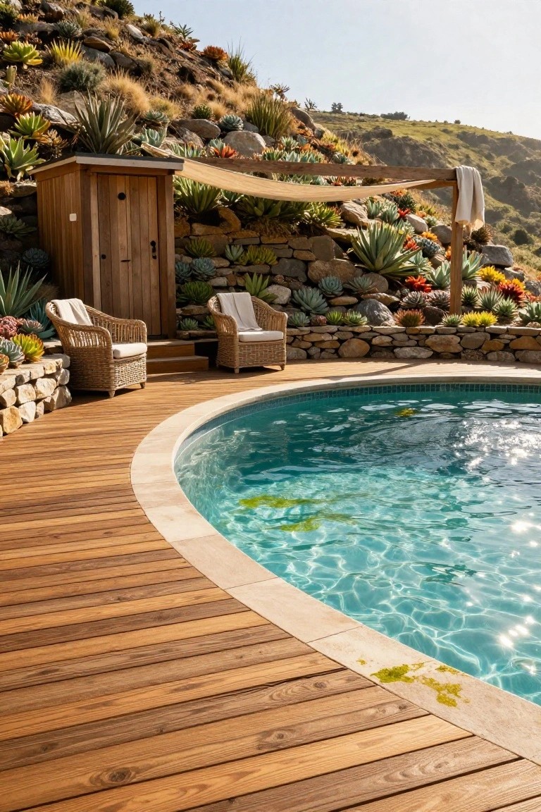 Curved turquoise pool edged with beige tile and surrounded by warm brown wood decking on a wooden platform, with two white lounge chairs, a wooden cabana structure, stone retaining walls, and various succulents and agaves on a sunny hillside.