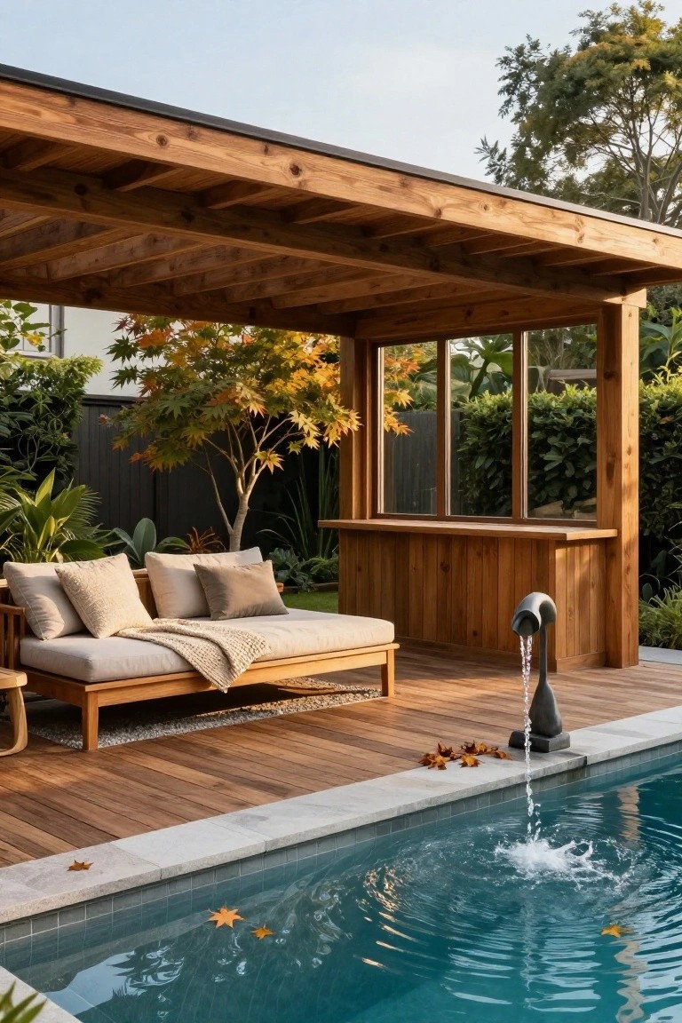 Wooden pergola with exposed beams sheltering a cushioned daybed and bar on a deck next to a turquoise pool, stone fountain spilling water into the pool, plants and fallen leaves around.