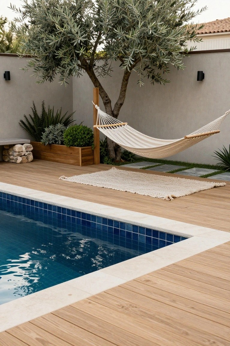 Wooden deck adjacent to a blue mosaic-tiled pool edge, featuring a white hammock suspended from an olive tree, potted plants, a woven rug, and a stone wall in the background.