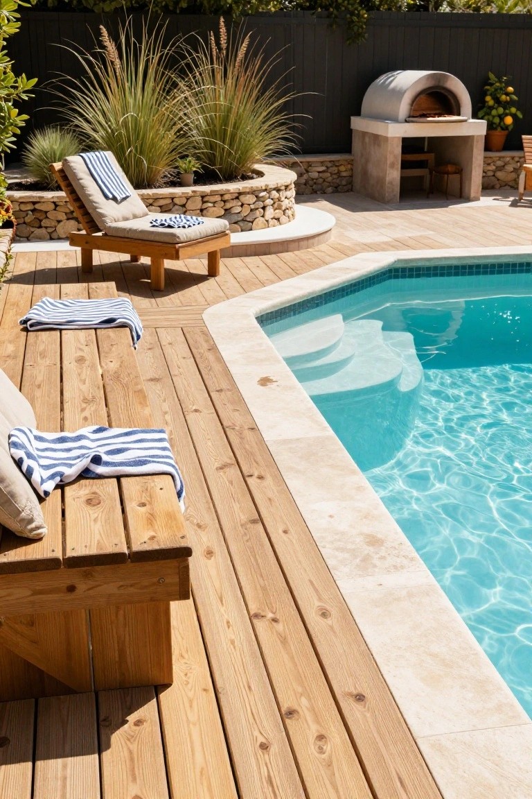 Wooden deck with warm-toned planks bordering a turquoise-tiled pool with stone coping, striped towels draped on loungers and a bench nearby, ornamental grasses and a stone pizza oven in the background.