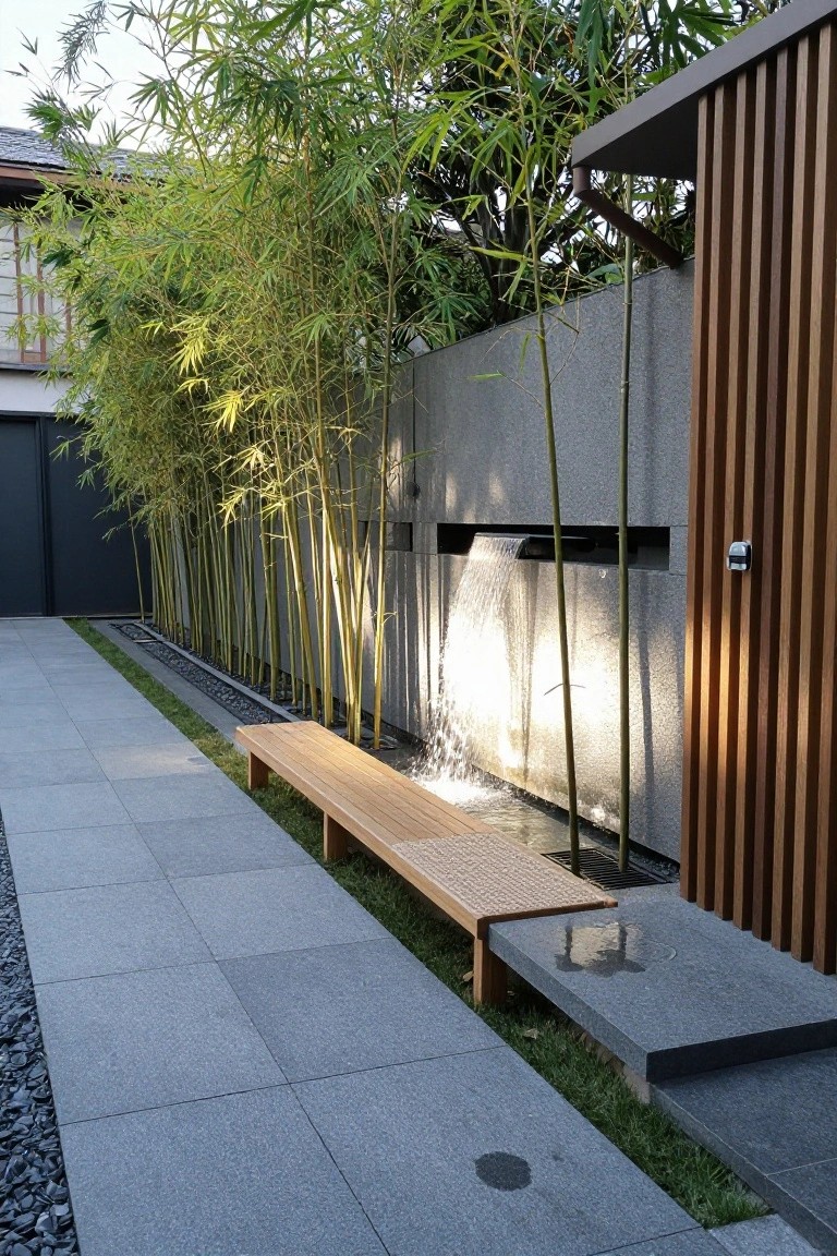 Narrow gray stone pathway edged with dark gravel and tall green bamboo plants lining a textured concrete wall with a vertical water cascade, wooden bench beside the path, and wooden slatted structure at the end.