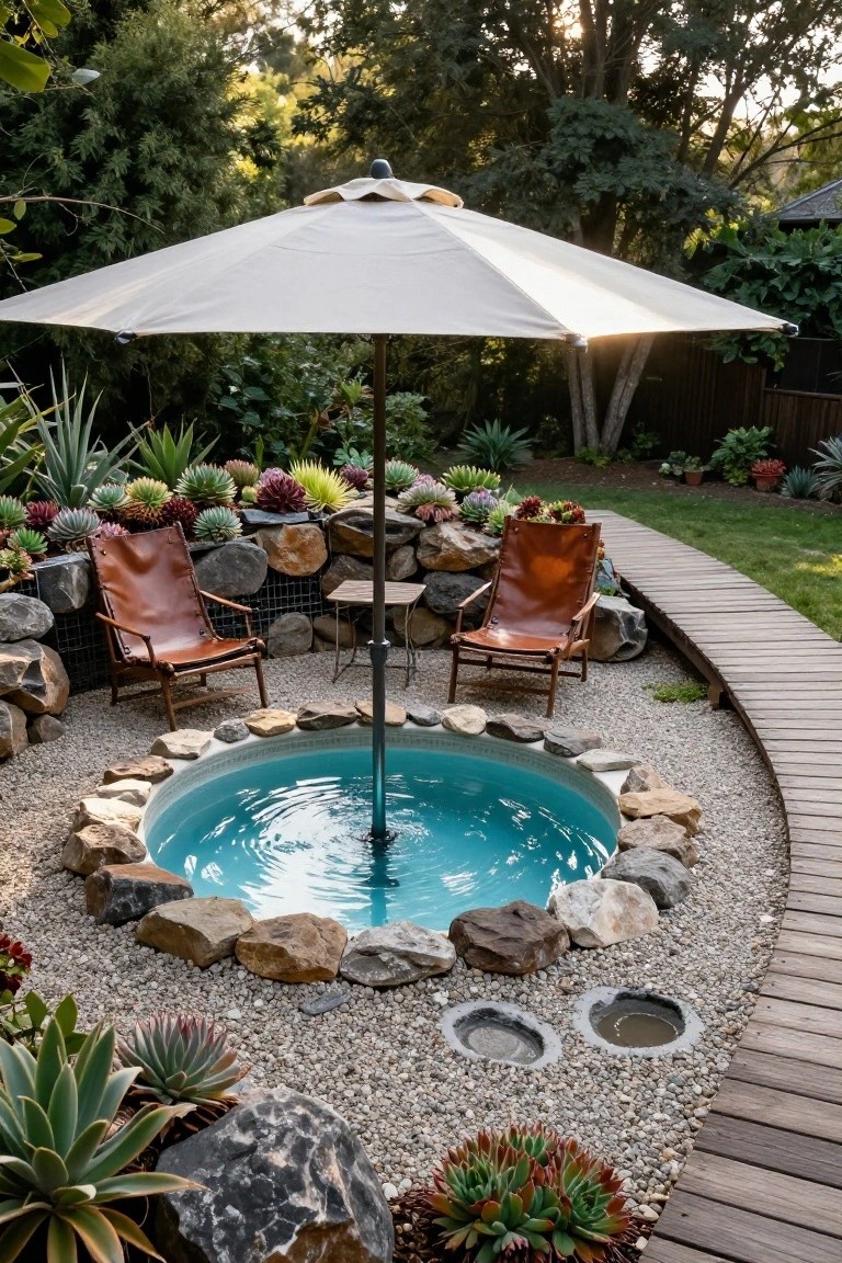 Small round turquoise pool sunk into gravel ground and surrounded by large natural boulders, with two brown leather armchairs, a white umbrella, succulents, and a wooden walkway nearby in a garden.