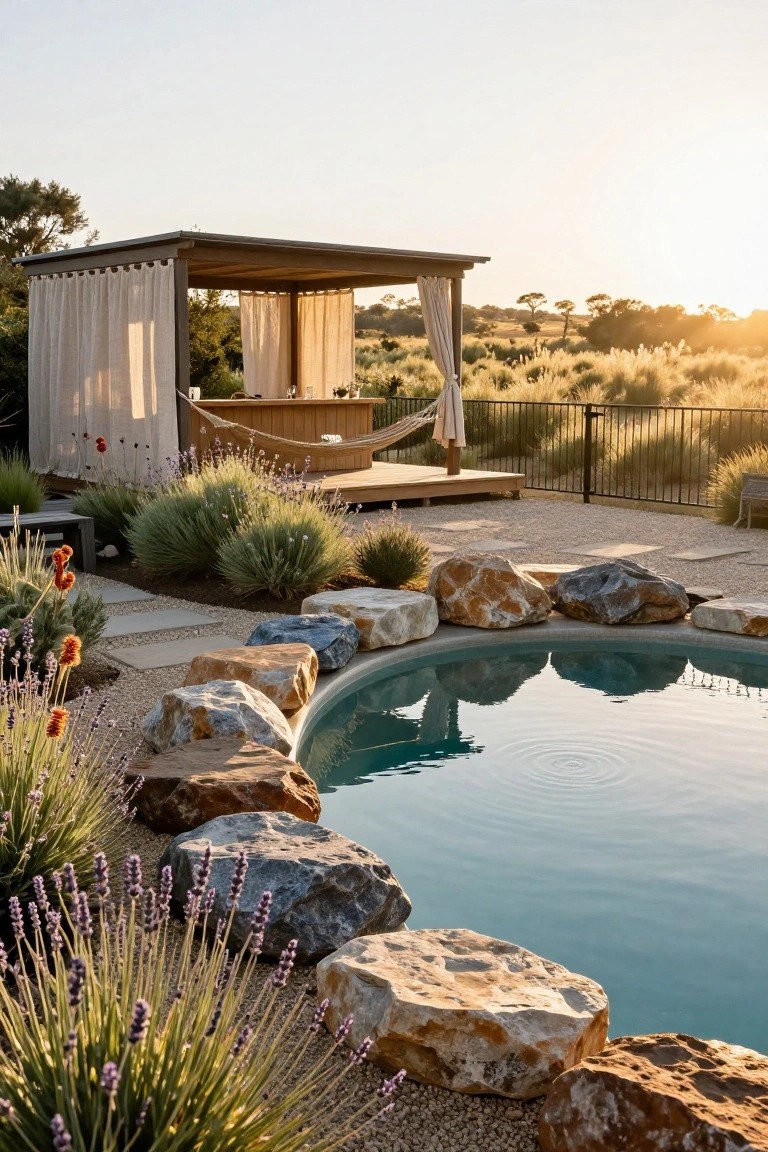 Curved blue swimming pool edged with large irregular boulders in grays, browns, and oranges, surrounded by lavender plants, grasses, gravel paths, and a nearby wooden cabana with hammock and sheer curtains, dry field and trees in background at sunset.